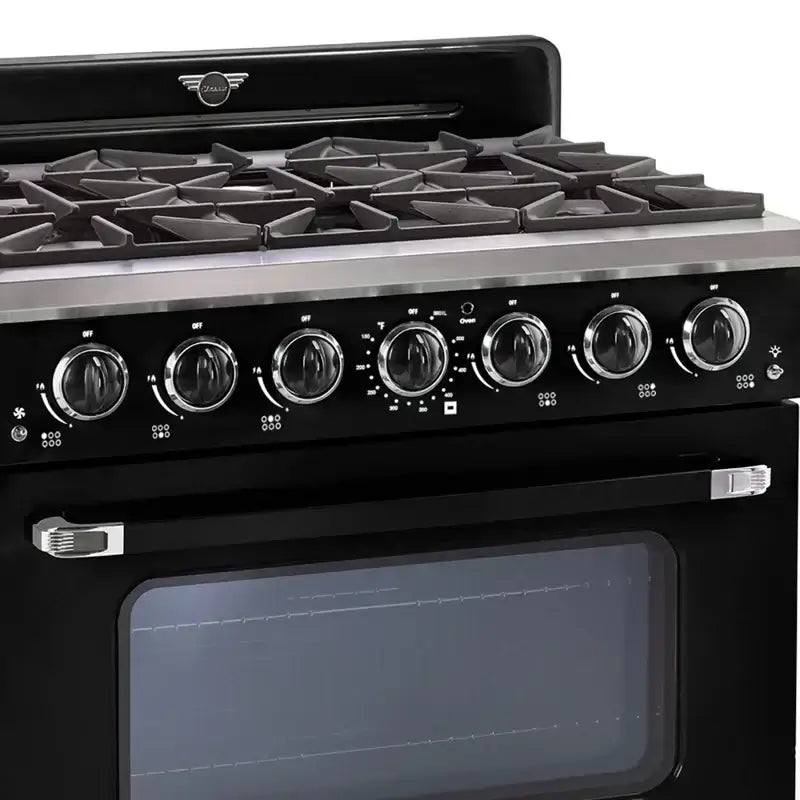 36" Classic Retro Convection Gas Pro Range with chrome accents. Available at Cabin Depot. Features waist-high broiler and zinc handles.