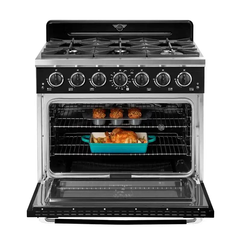 Unique 36" Classic Retro Convection Gas Range with Electronic Ignition, available at Cabin Depot. Features iconic '50s design and chrome accents.