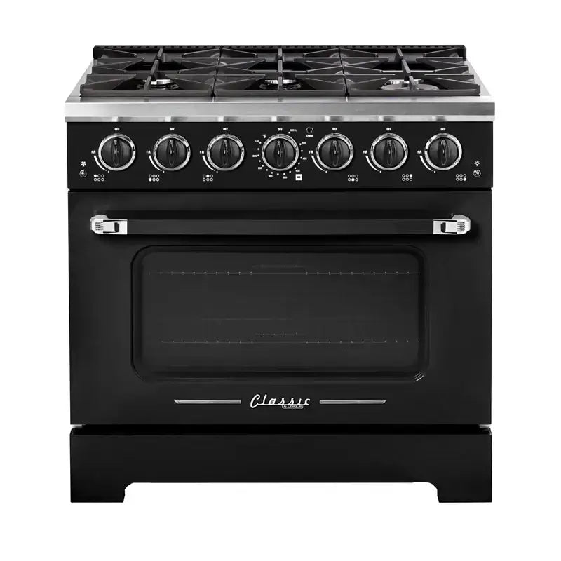 Unique 36" Classic Retro Convection Gas Pro Range, black with chrome accents, available at Cabin Depot, modern kitchen appliance