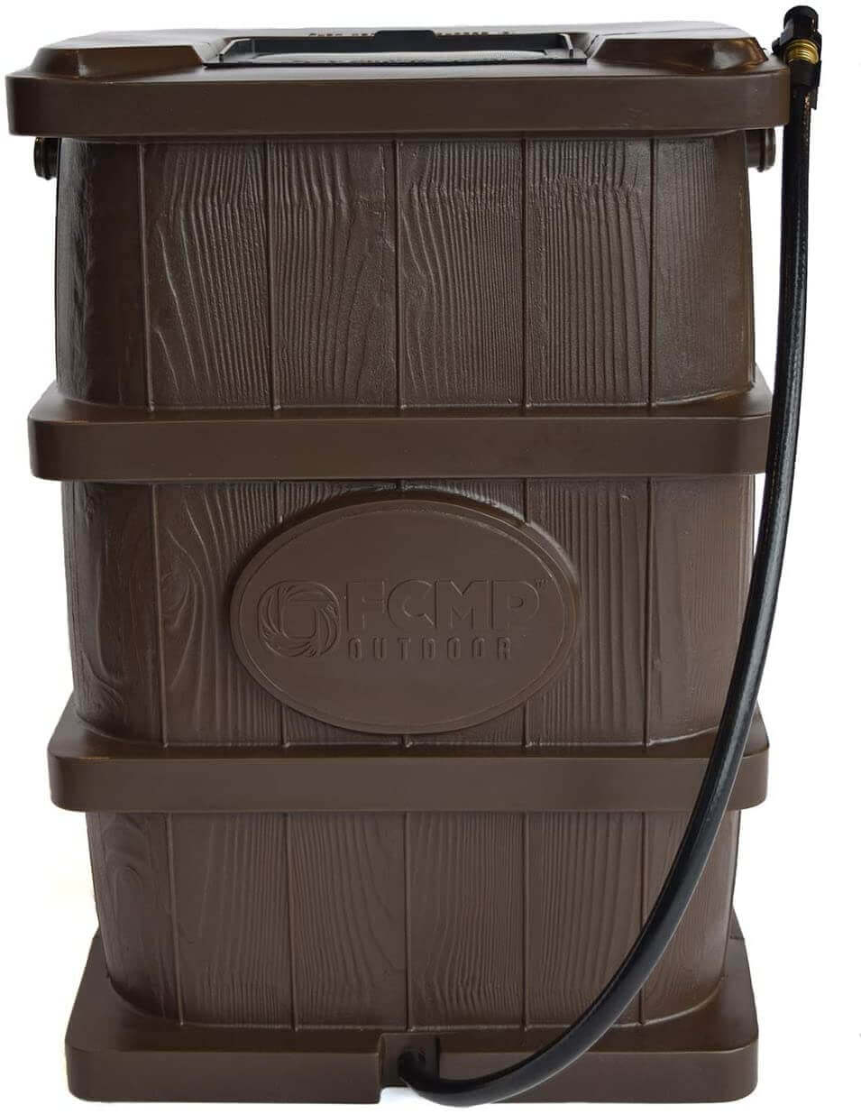FCMP Outdoor 45Gal Wood Grain Rain Barrel in Brown, available at Cabin Depot, features a slim-line design with child-safe top.