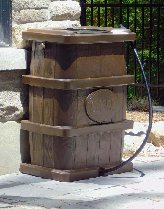 Brown FCMP Outdoor 45Gal Wood Grain Rain Barrel with Slim-Line Design and Safety Rib for Easy Installation