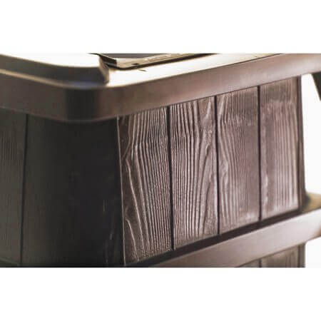 Brown wood grain detail of FCMP Outdoor 45Gal rain barrel with flat back for easy installation.