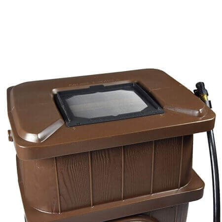 FCMP Outdoor 45Gal Wood Grain Rain Barrel in brown with safety rib, available at Cabin Depot.