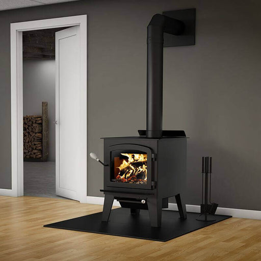 Drolet Austral III Wood Stove in a modern living room, providing eco-friendly heating with low emissions and high BTU performance.