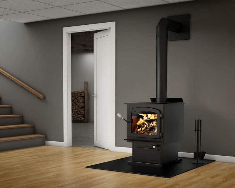 Drolet Myriad III Wood Stove with Blower at Cabin Depot, ideal for eco-friendly heating up to 2,300 sq ft, 90,000 BTU.