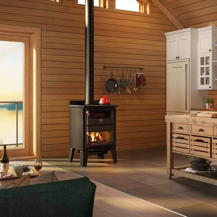 Drolet Bistro Wood Burning Cookstove in a cozy cottage kitchen setting.