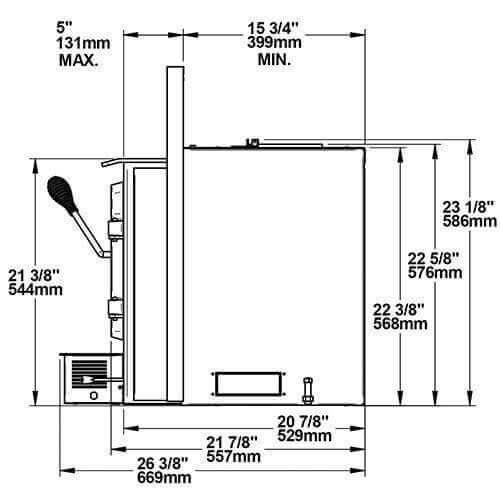 Technical diagram of Drolet Escape 1500-I Wood Insert dimensions; ideal for homes up to 1,800 ft², available at Cabin Depot.