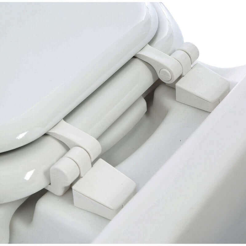 Close-up of Laveo Dry Flush Portable Toilet hinge mechanism, ideal for RV, camping, cabin use; available at Cabin Depot.