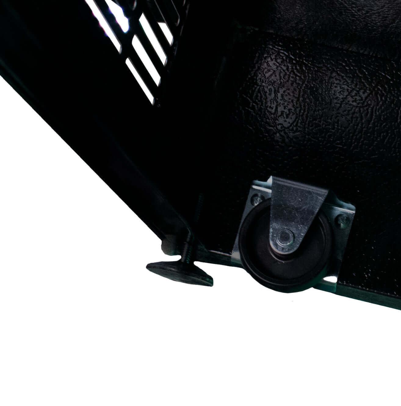 Close-up of the caster on the SunStar 16CU Solar/DC Refrigerator, stainless steel, available at Cabin Depot for off-grid homes.