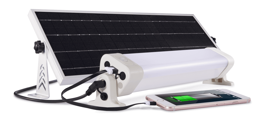 Kedron 24W Solar Powered LED Light Kit for cabins and off-grid, featuring solar panel and phone charging. Available at Cabin Depot.