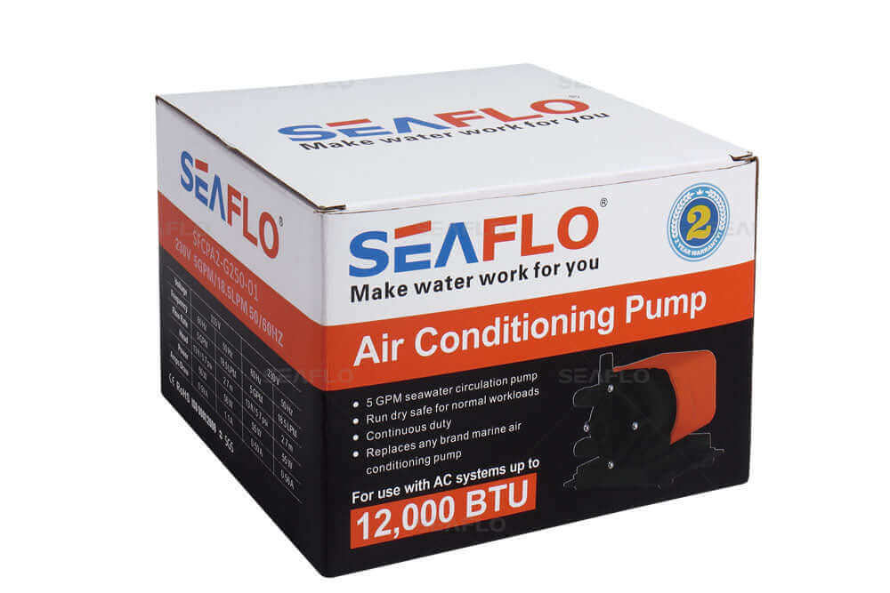 SEAFLO air conditioning pump packaging with key features listed, including 5 GPM seawater circulation and 12,000 BTU capacity.