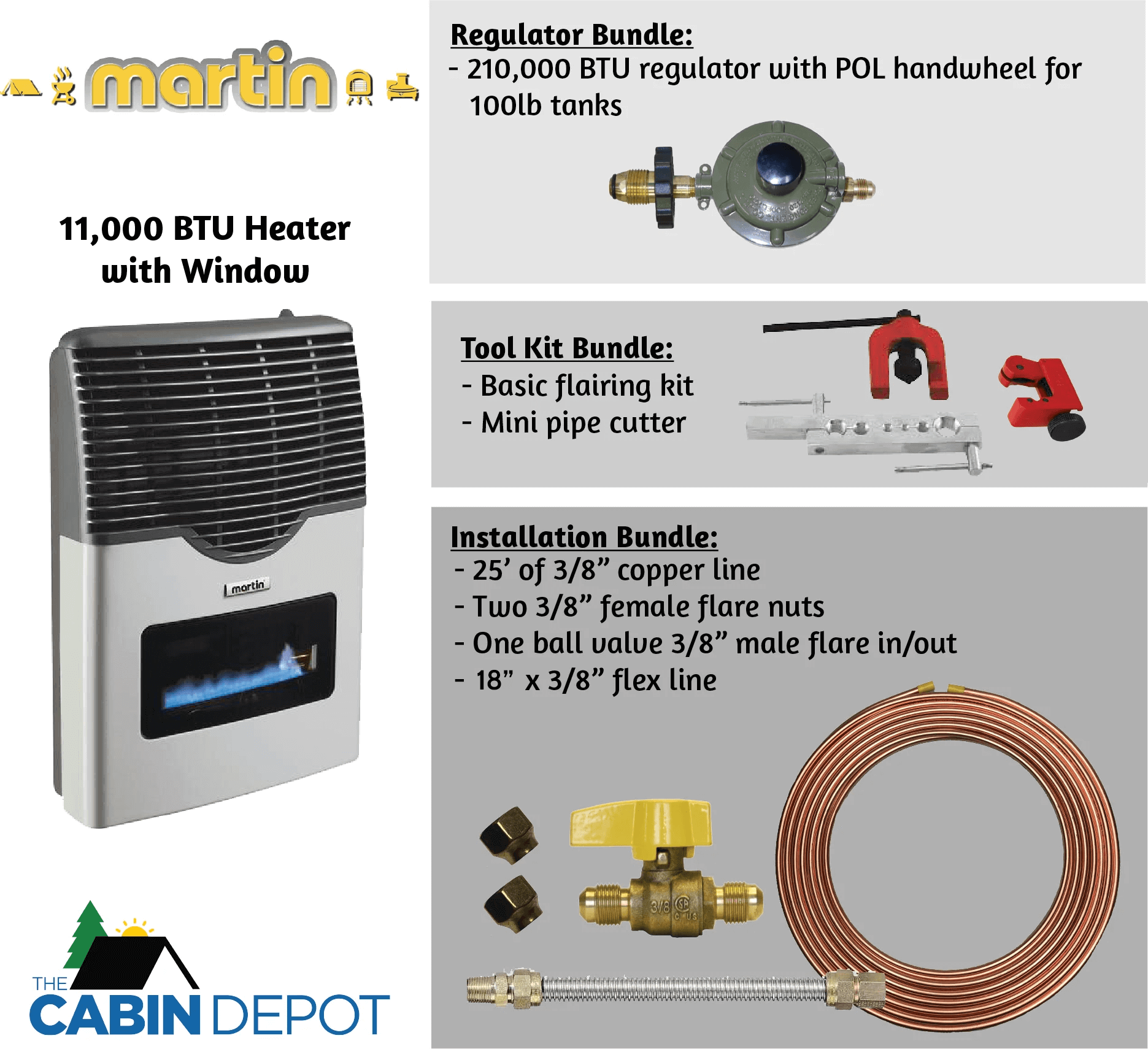 Martin 11,000 BTU propane heater with window, regulator, tool kit, and installation bundle from The Cabin Depot.