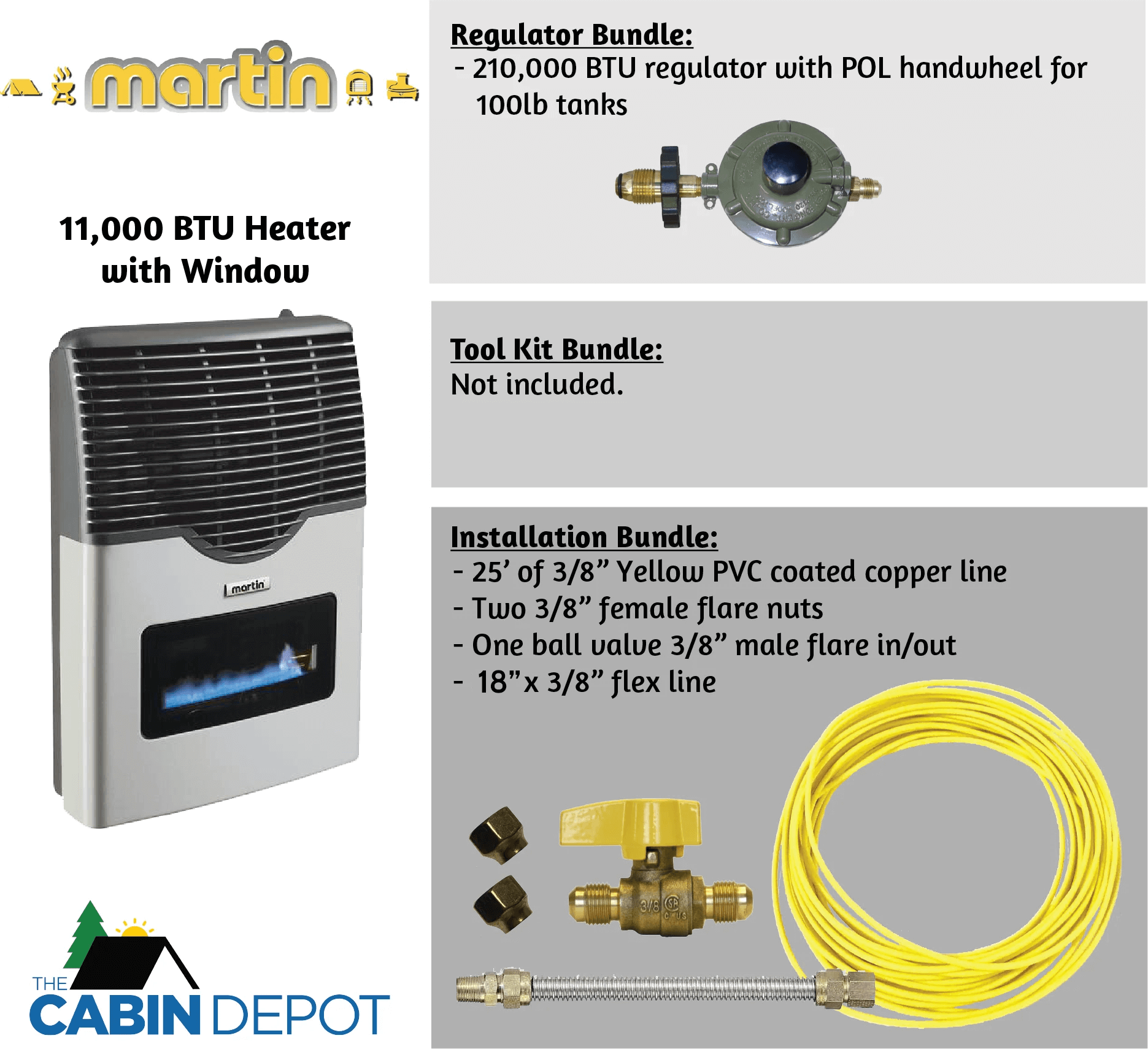 Martin 11,000 BTU Propane Heater with accessories and The Cabin Depot logo, featuring direct vent technology and ceramic glass window.