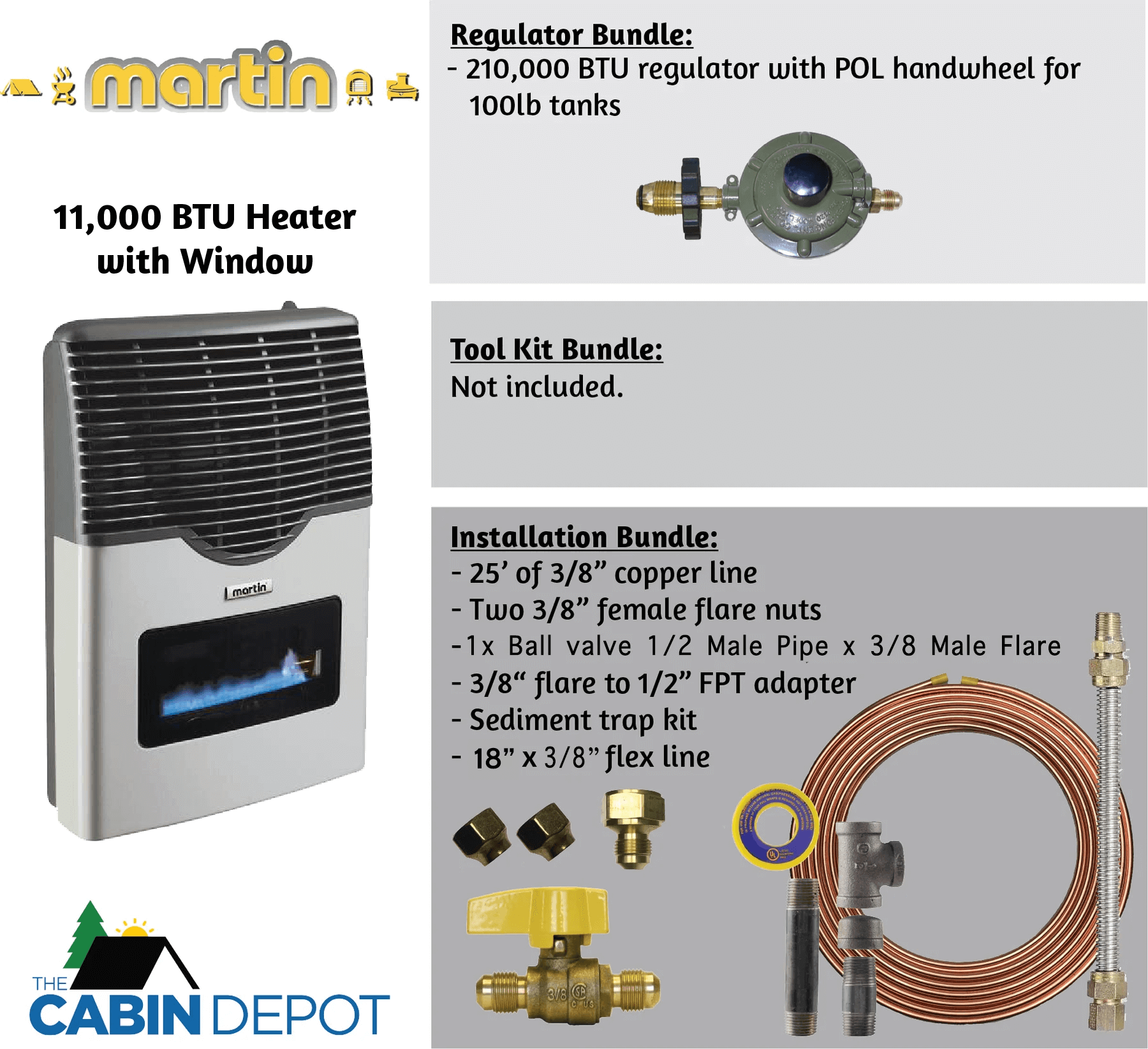 Martin 11,000 BTU direct vent propane heater with installation bundle and regulator; sold by The Cabin Depot for off-grid use.