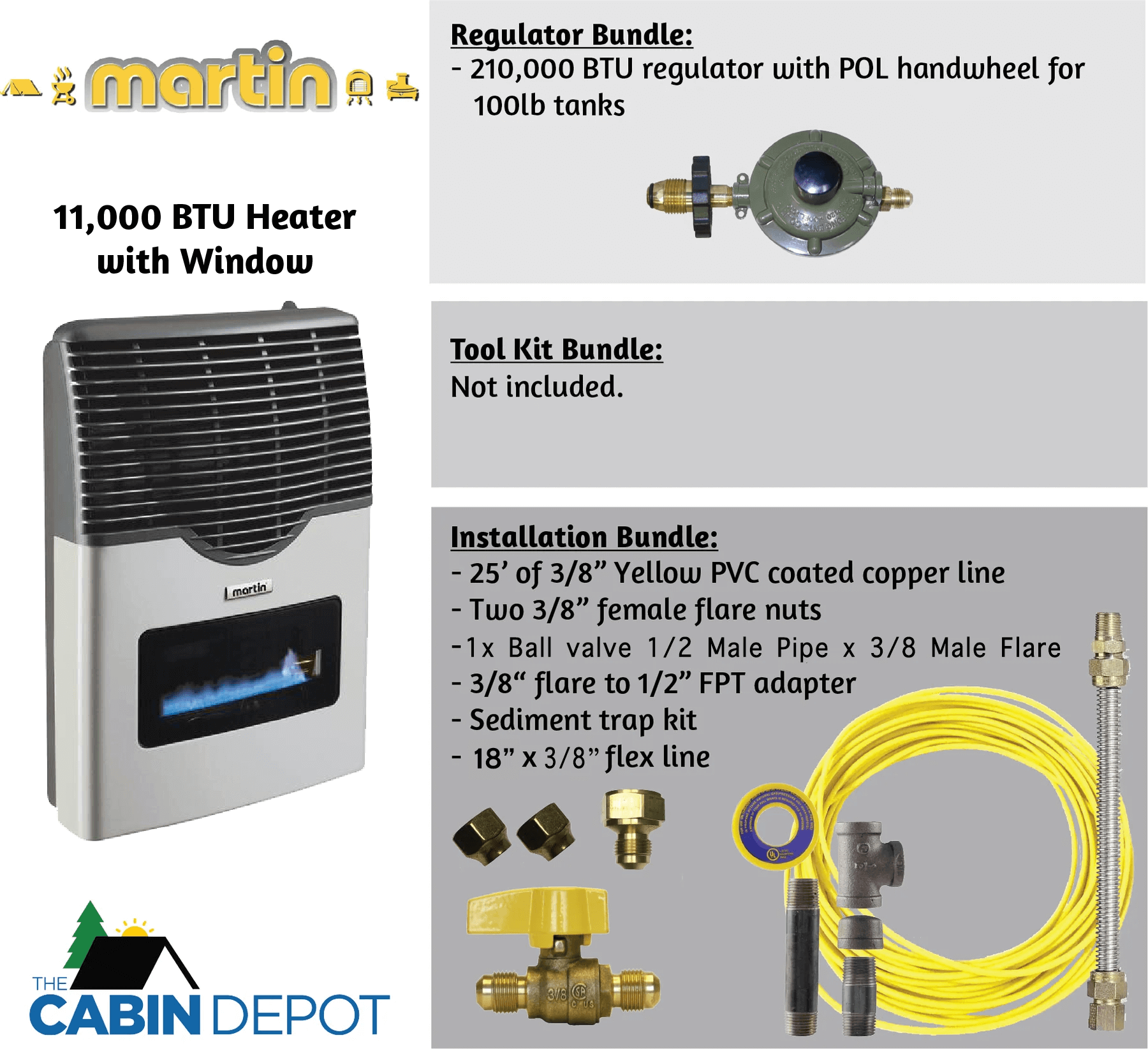 Martin 11,000 BTU Direct Vent Propane Heater with Window and Installation Bundle from Cabin Depot