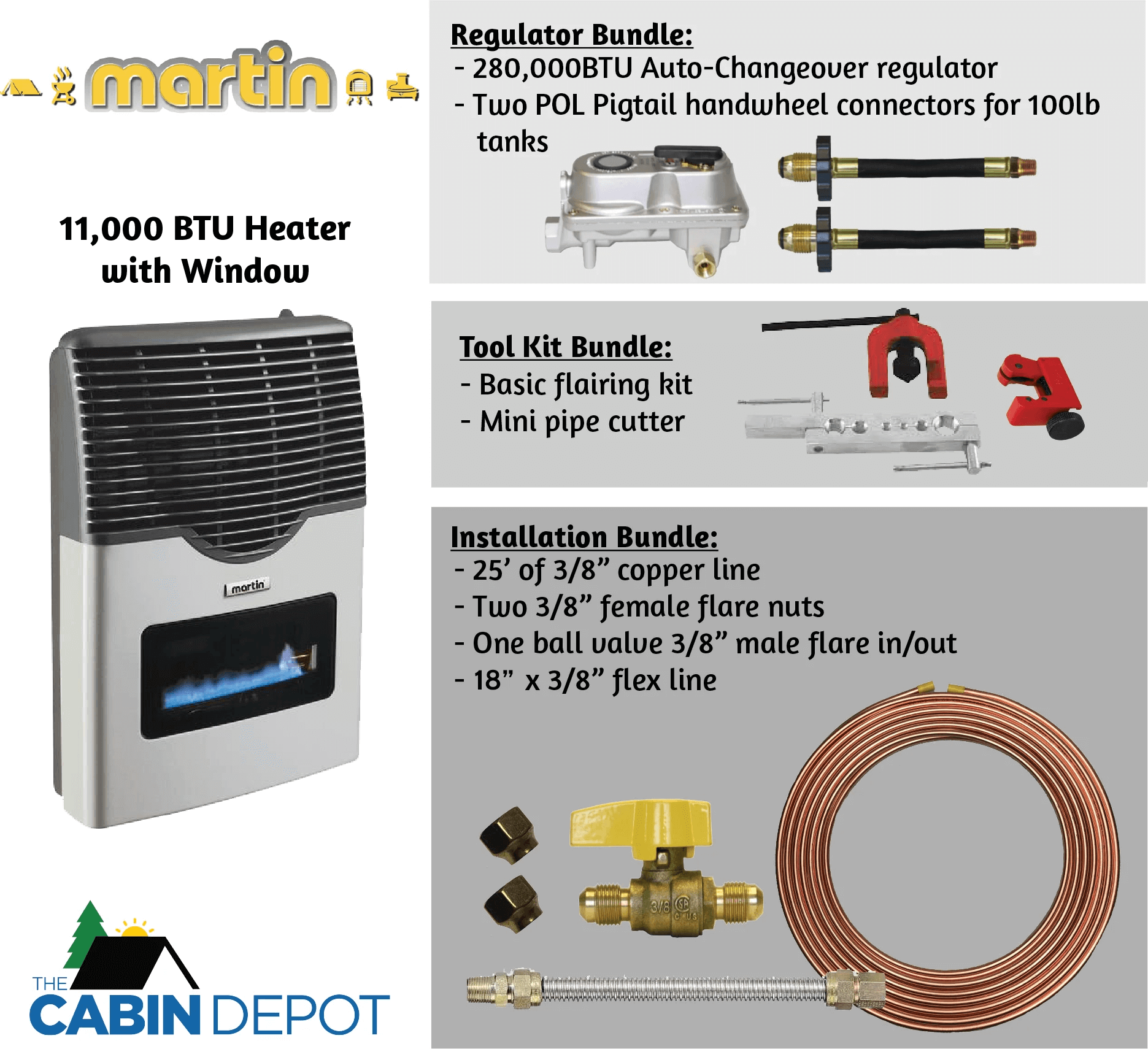 Martin 11,000 BTU Direct Vent Propane Heater with window, accessories, sold by The Cabin Depot. Perfect for cabins and off-grid heating.