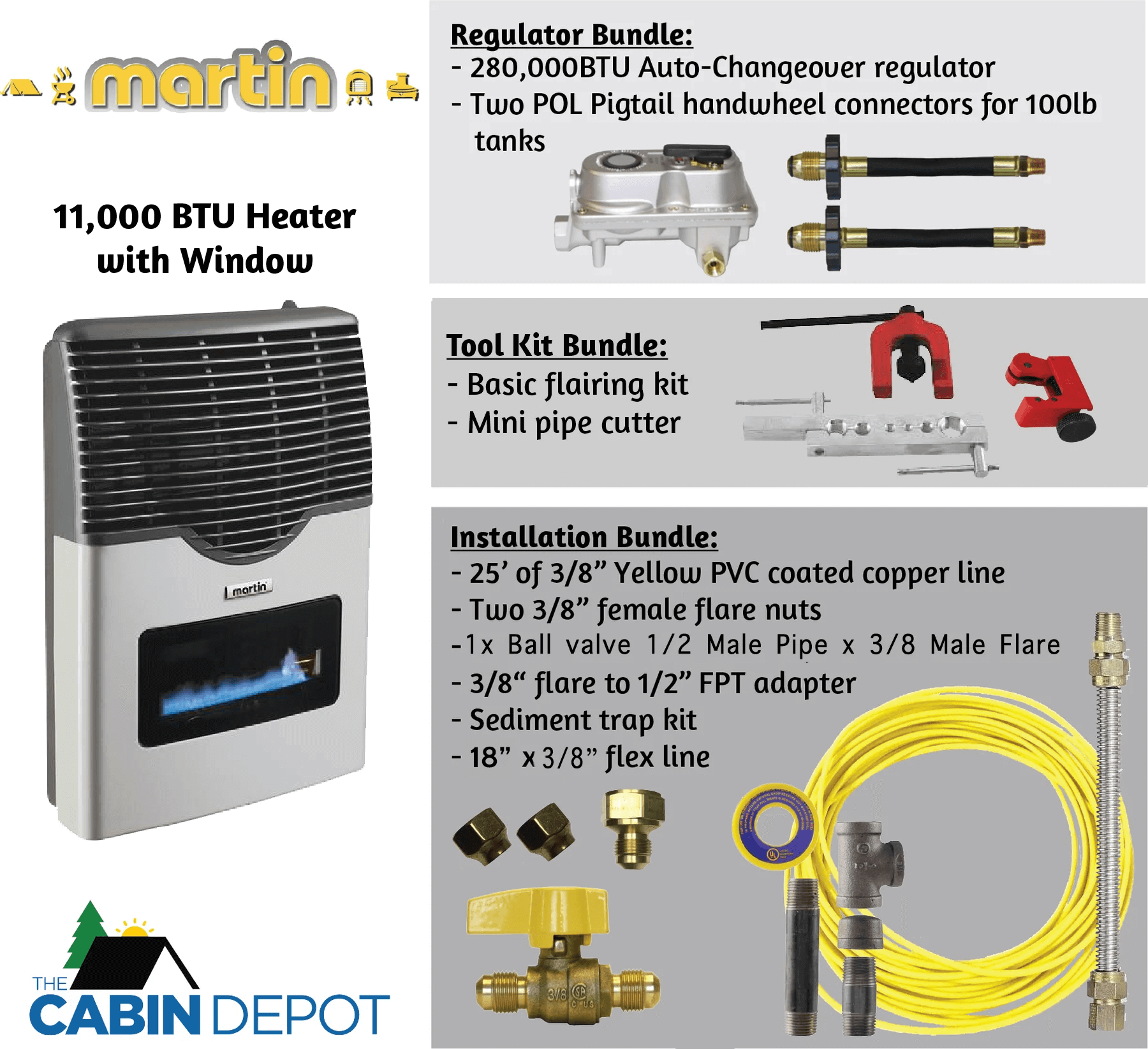 Martin 11,000 BTU Direct Vent Propane Heater with tool, regulator, and installation bundles from The Cabin Depot.