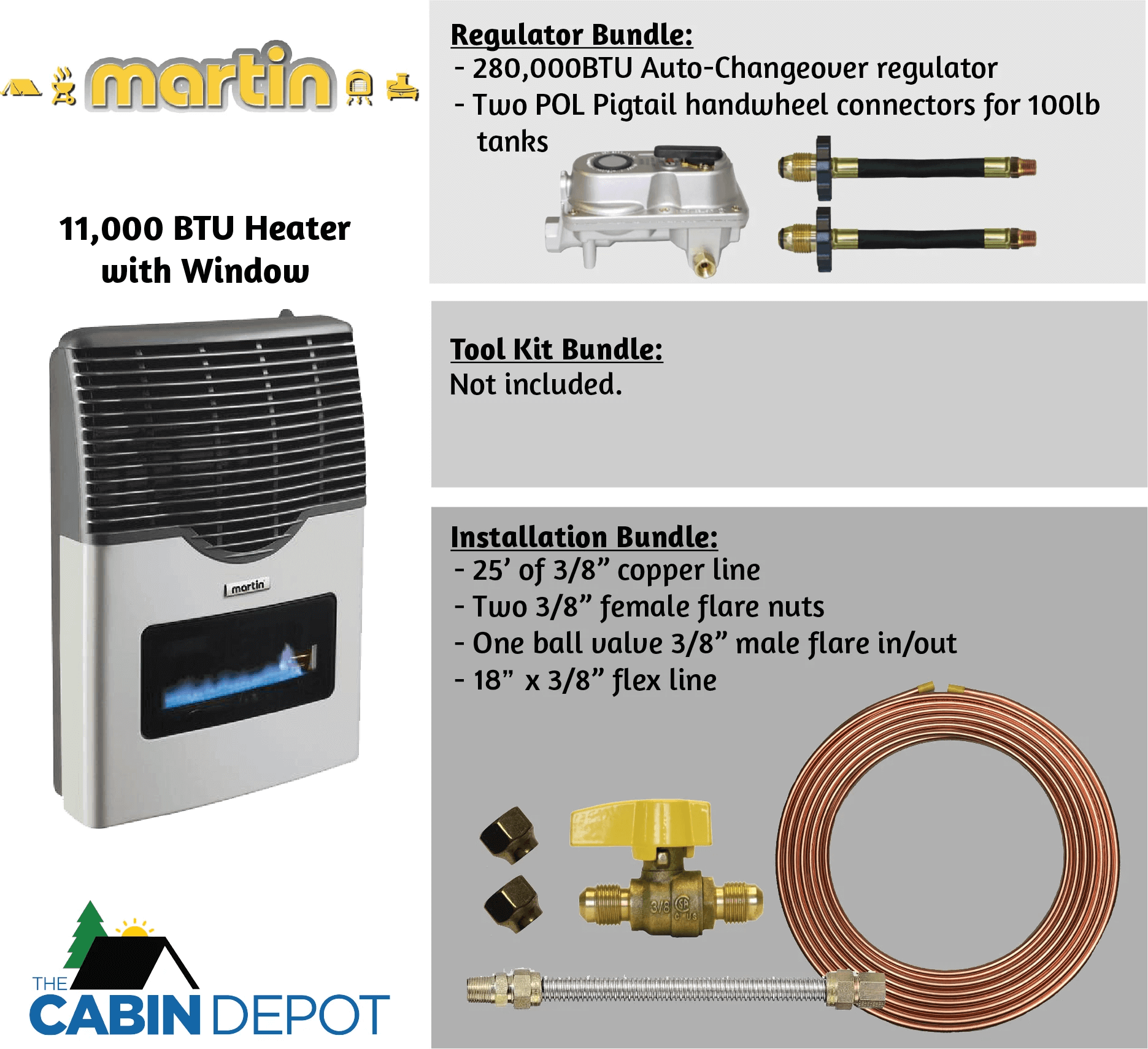Martin 11,000 BTU Direct Vent Propane Heater with accessories from The Cabin Depot, ideal for off-grid use, featuring a ceramic glass window.