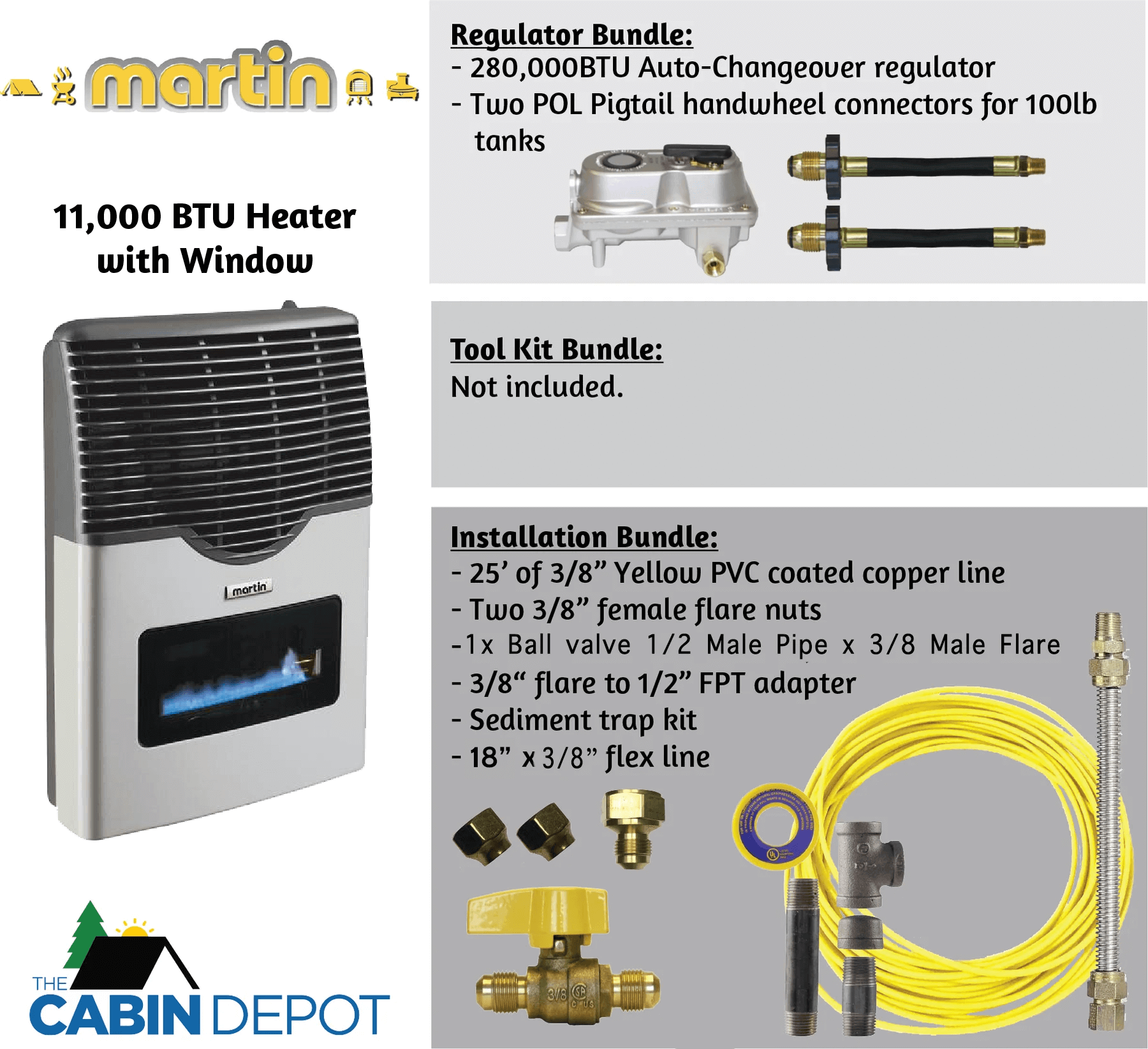 Martin 11,000 BTU Direct Vent Propane Heater with installation bundle at The Cabin Depot.
