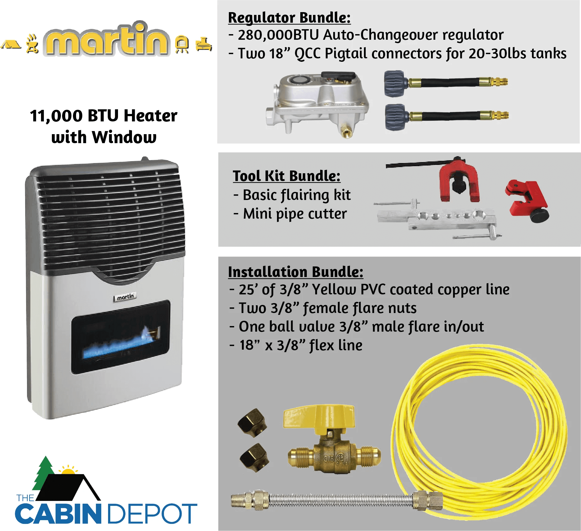 Martin 11,000 BTU Direct Vent Propane Heater MDV12VP, perfect for cabins; includes regulator, tool, and installation bundles. Buy at The Cabin Depot.