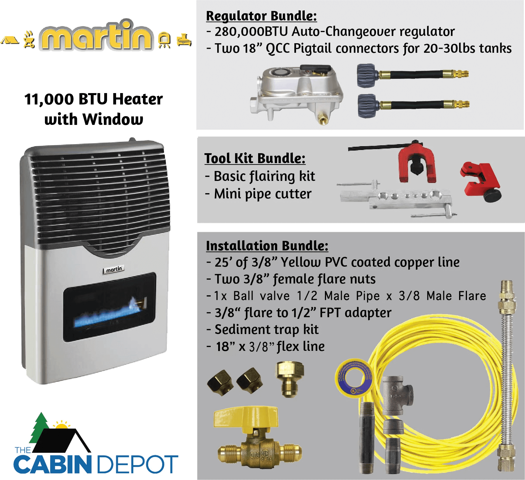 Martin 11,000 BTU Direct Vent Propane Heater with window, regulator, tool kit, installation bundle - The Cabin Depot, perfect for off-grid heating.