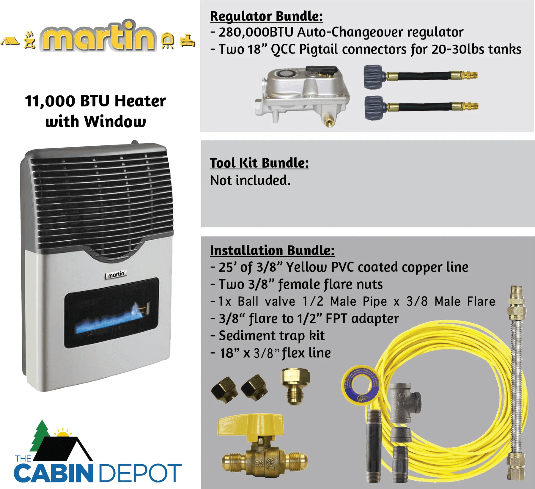 Martin 11,000 BTU Direct Vent Propane Heater MDV12VP, includes regulator and installation bundle, available at Cabin Depot.