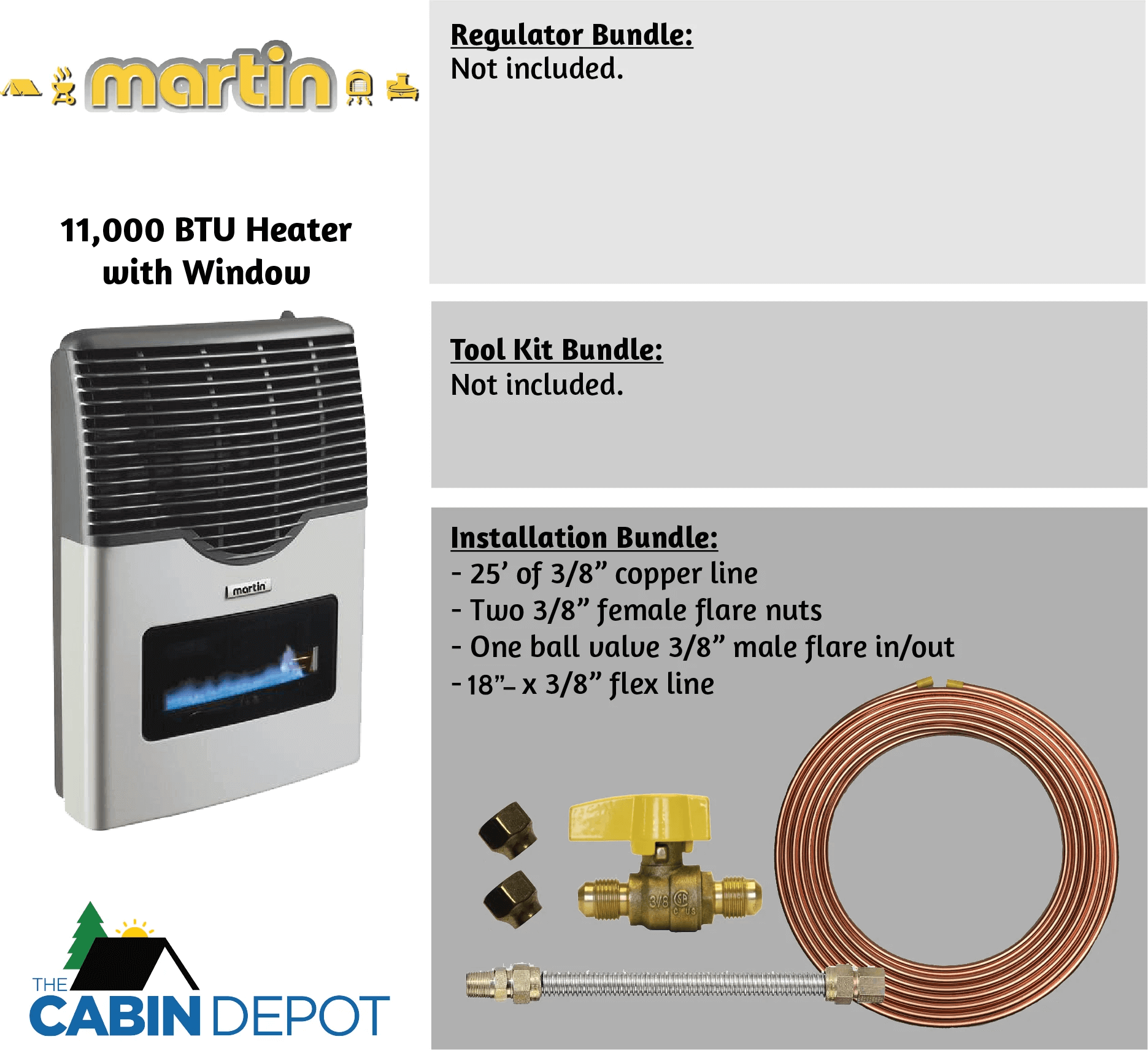 Martin 11,000 BTU propane heater with installation bundle from The Cabin Depot, featuring a ceramic glass window and vent installation.