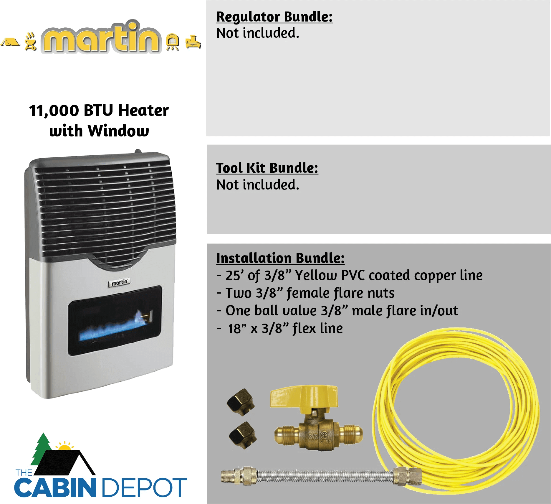 Martin 11,000 BTU Direct Vent Propane Heater with window shown with installation kit, promoted by The Cabin Depot.