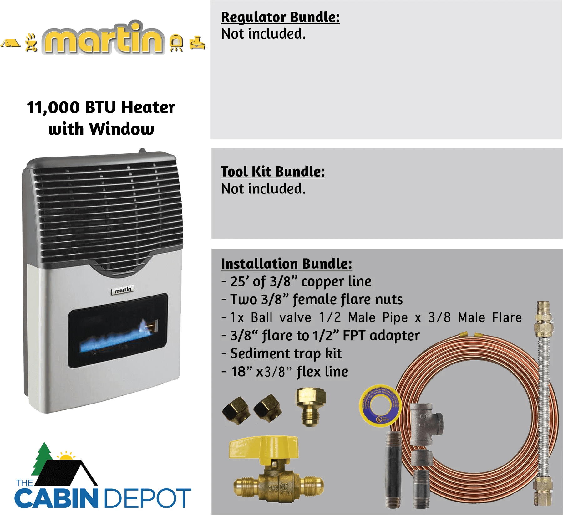 Martin 11,000 BTU Direct Vent Propane Heater with installation bundle by Cabin Depot.