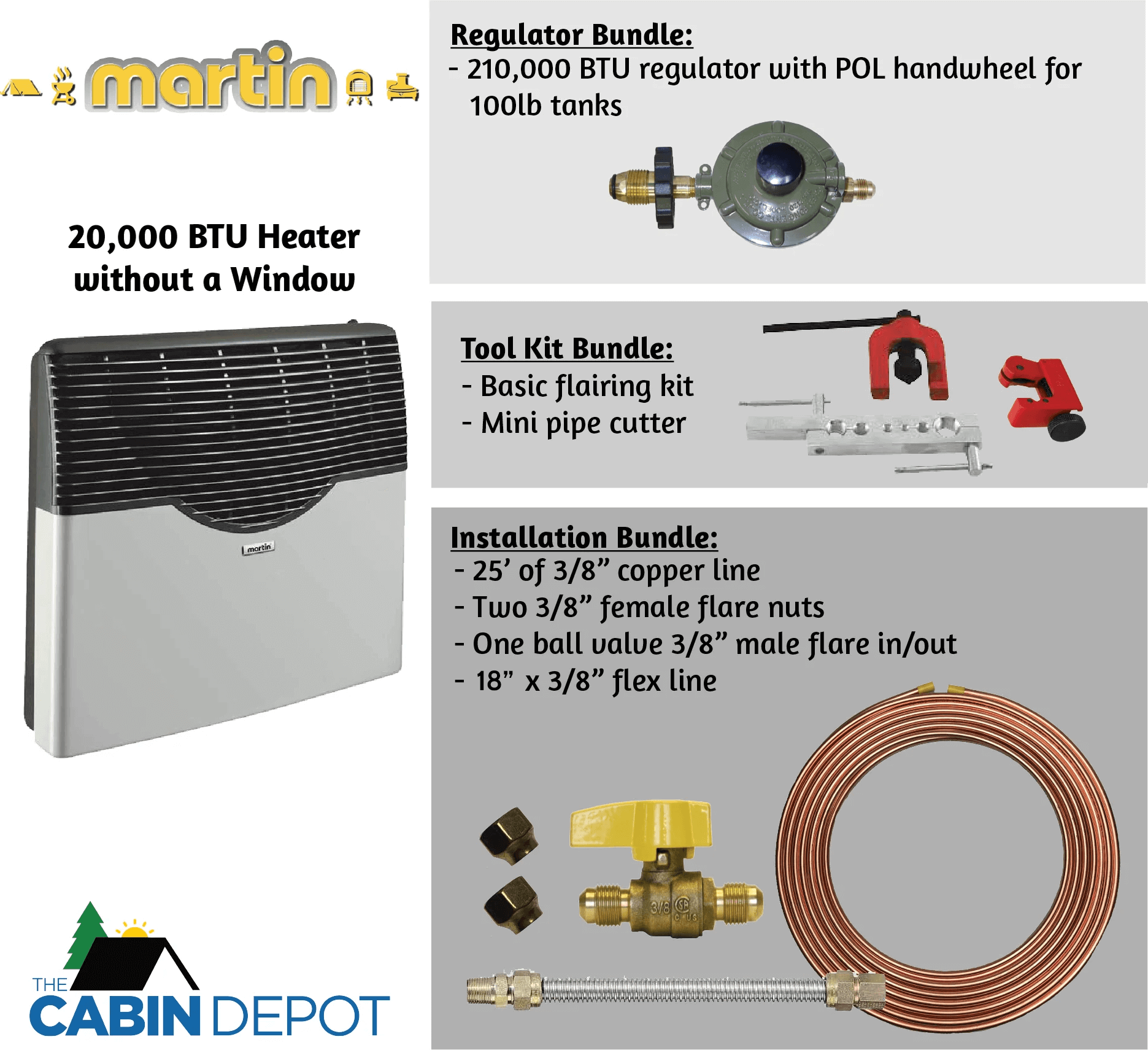 Martin 20,000 BTU Heater Kit at The Cabin Depot with regulator, toolkit, and installation bundle for efficient propane heating.