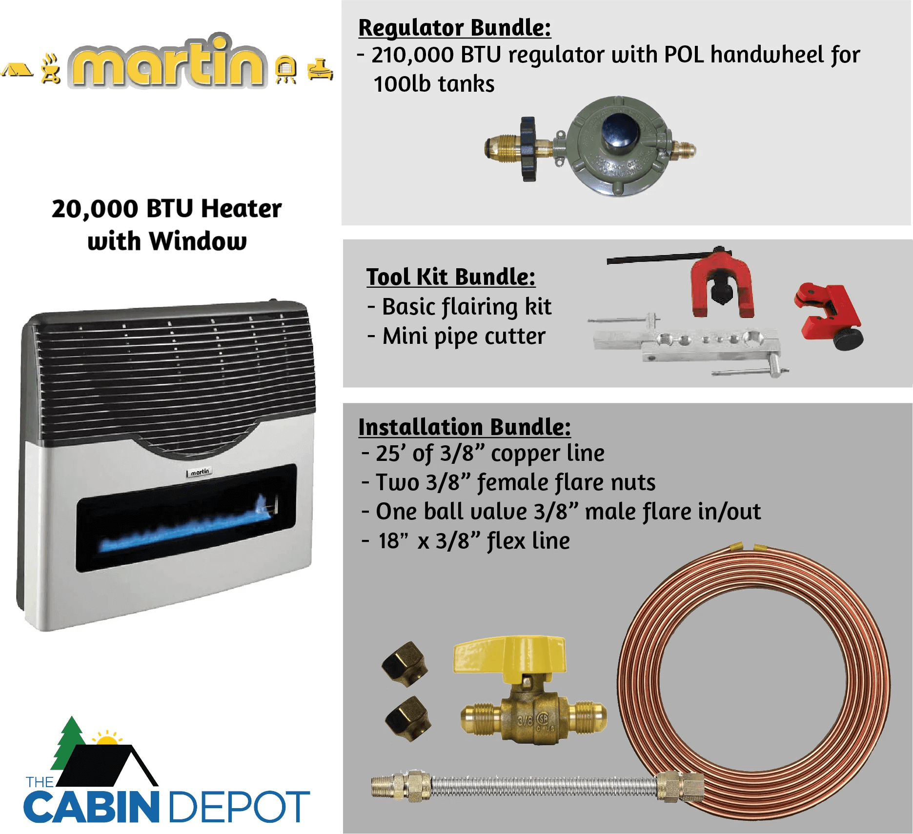 Martin 20,000 BTU Direct Vent Propane Heater with installation and regulator bundles, available at The Cabin Depot.