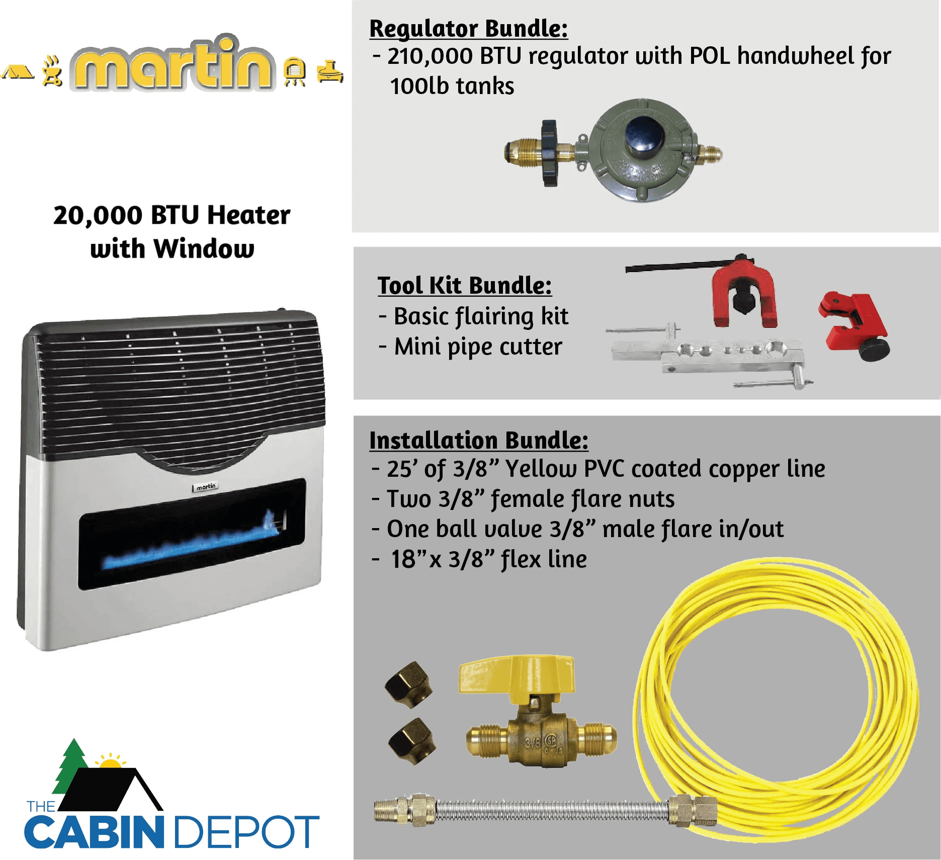 Martin 20,000 BTU Direct Vent Propane Heater with installation and tool kit bundles from The Cabin Depot