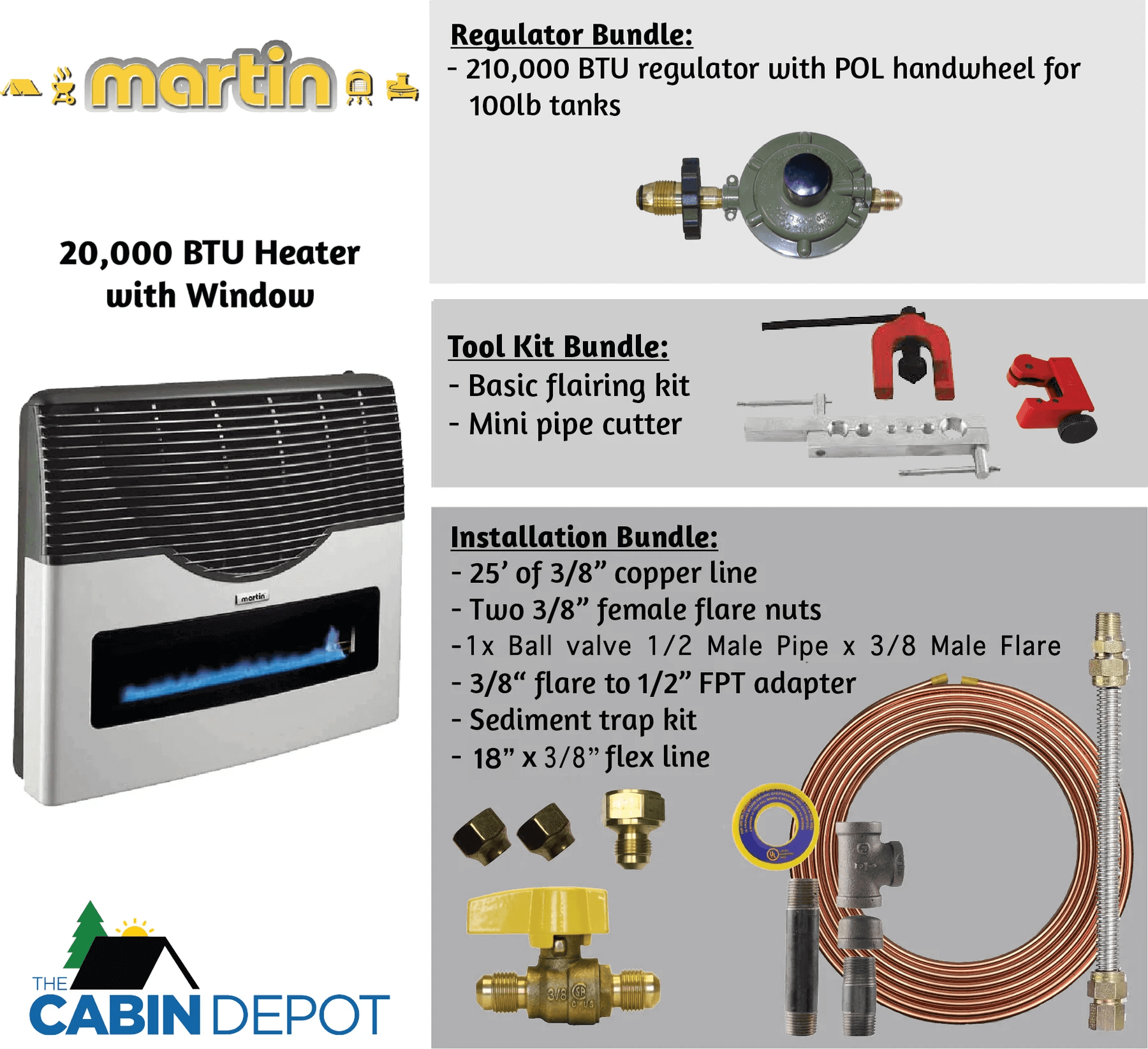 Martin 20,000 BTU Direct Vent Propane Heater with installation kit; available at The Cabin Depot, perfect for off-grid heating solutions.