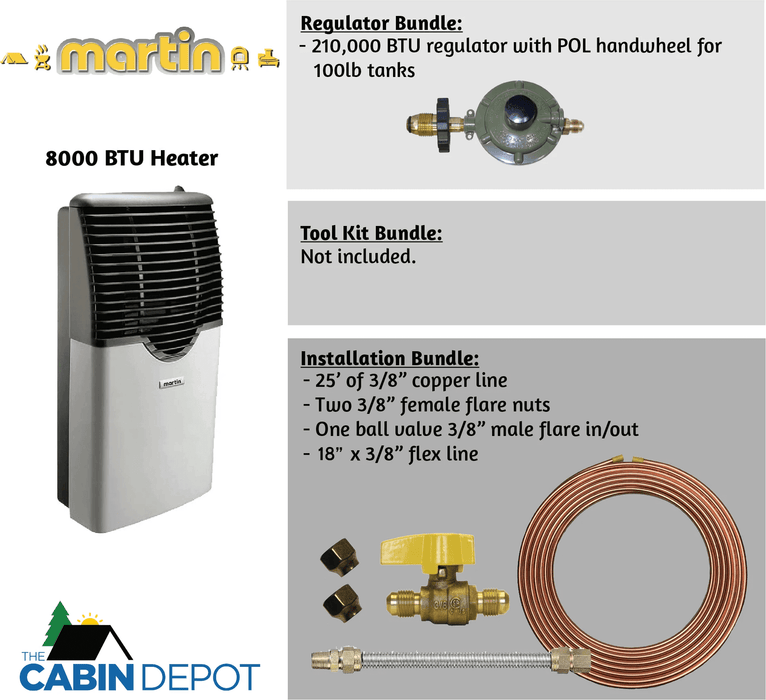 Martin 8,000 BTU Propane Heater with regulator and installation bundles from Cabin Depot