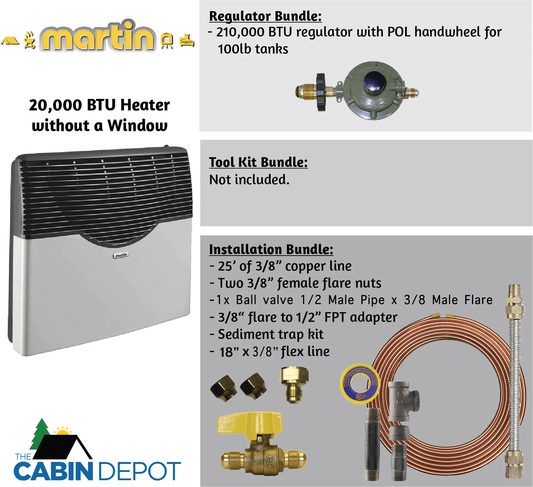 Martin 20,000 BTU Direct Vent Propane Heater without Window - Installation Kit Included | The Cabin Depot
