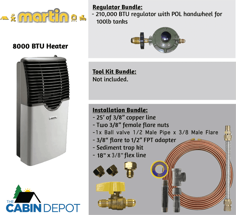 Martin 8000 BTU Direct Vent Propane Heater with installation and regulator bundles, available at The Cabin Depot.