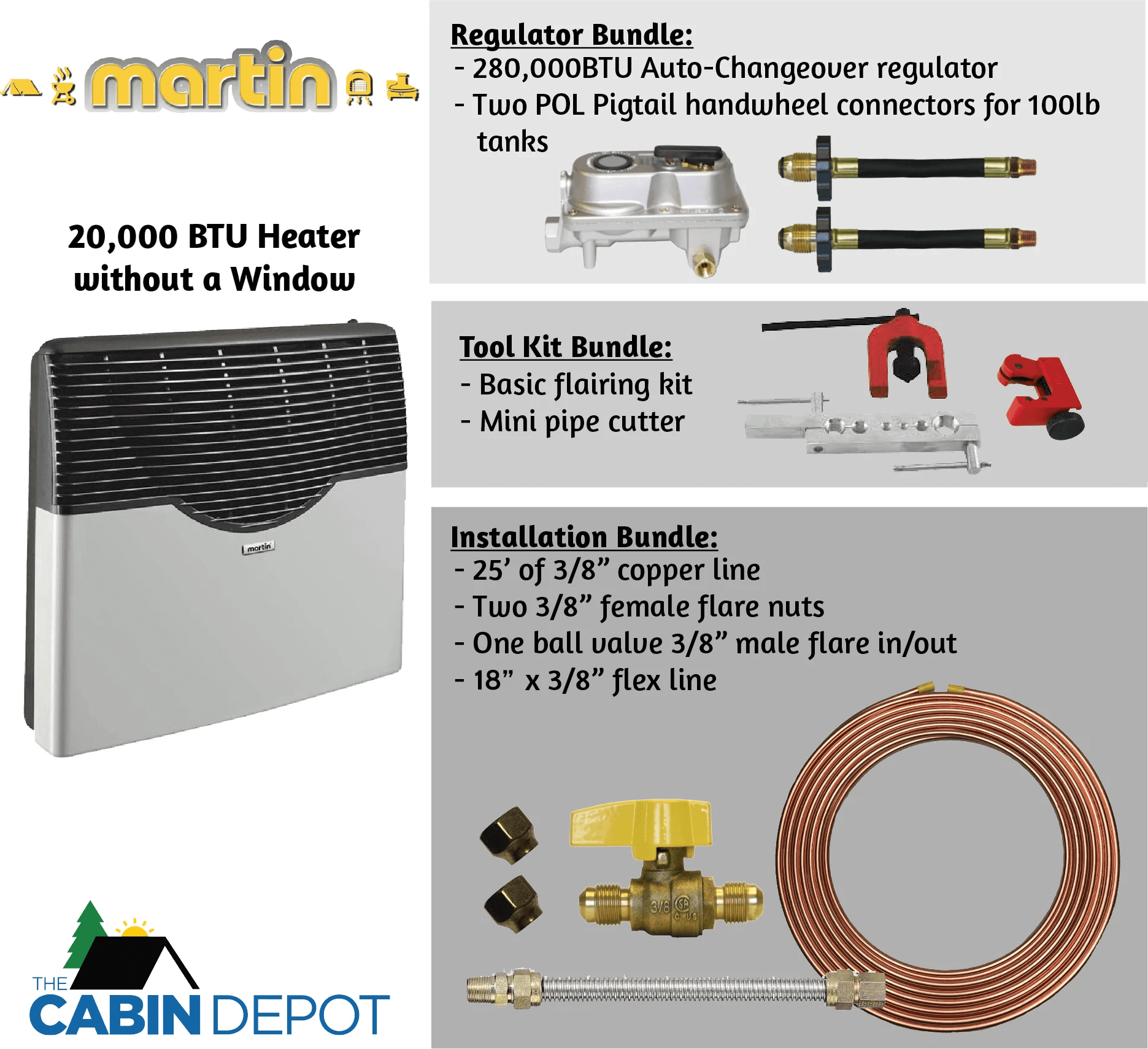 Martin 20,000 BTU Propane Heater without Window, Regulator, Tool Kit, and Installation Bundle from The Cabin Depot