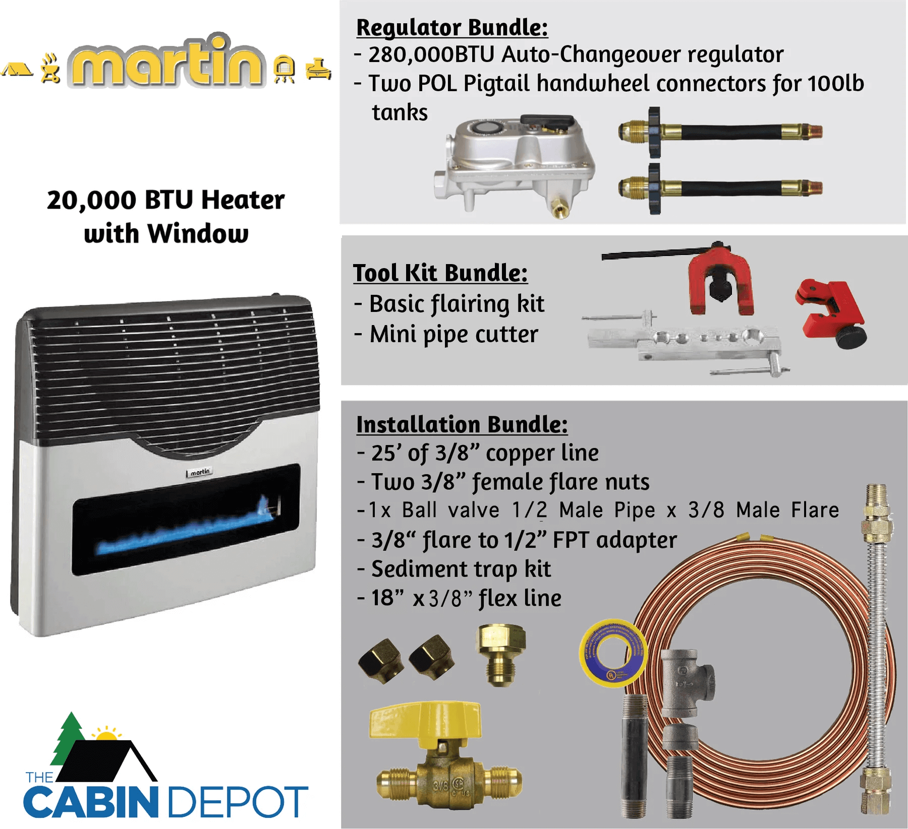 Martin 20,000 BTU propane heater with window and installation kit from The Cabin Depot for off-grid cabins.