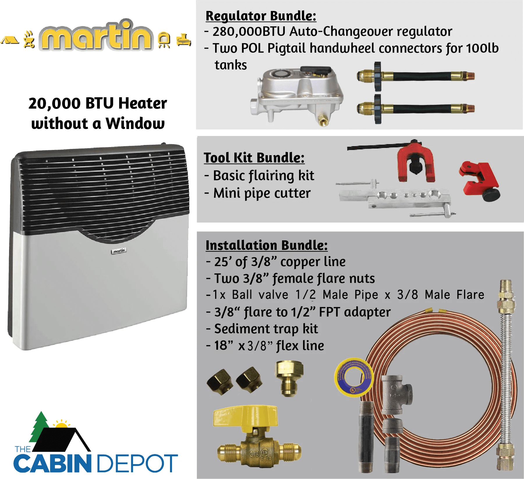 Martin 20,000 BTU Direct Vent Propane Heater without Window with accessories at The Cabin Depot.