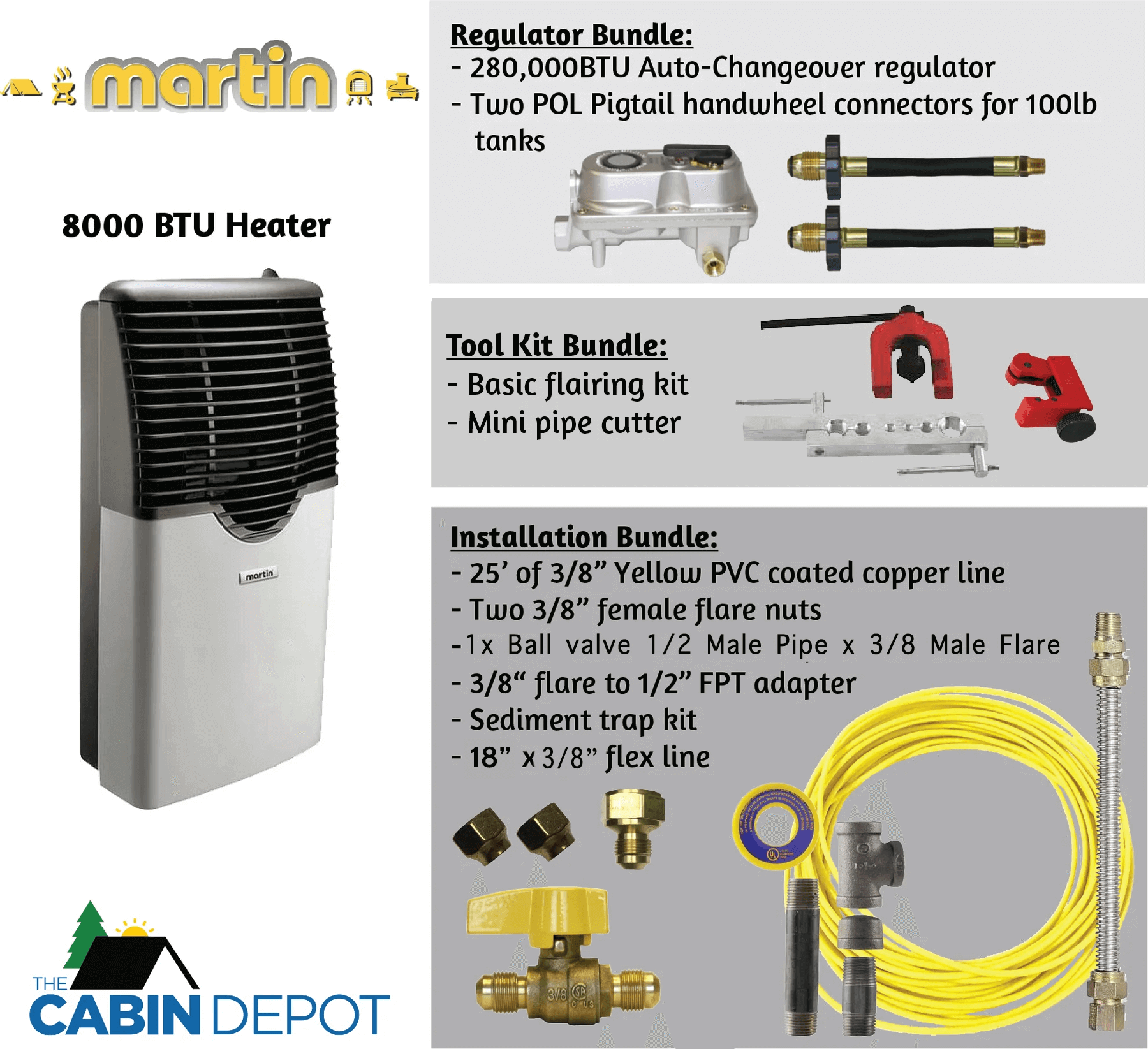 Martin 8000 BTU Direct Vent Propane Heater with accessory bundles available at Cabin Depot