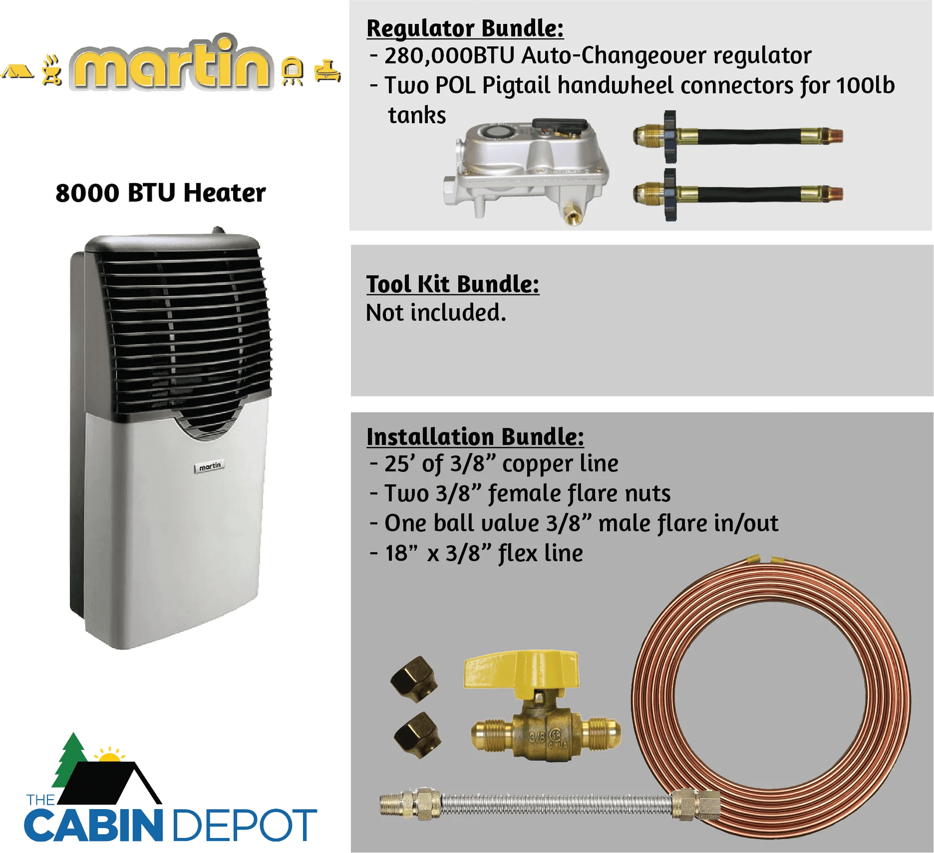 Martin 8,000 BTU Direct Vent Propane Heater with installation bundle, available at Cabin Depot. Perfect for off-grid heating.