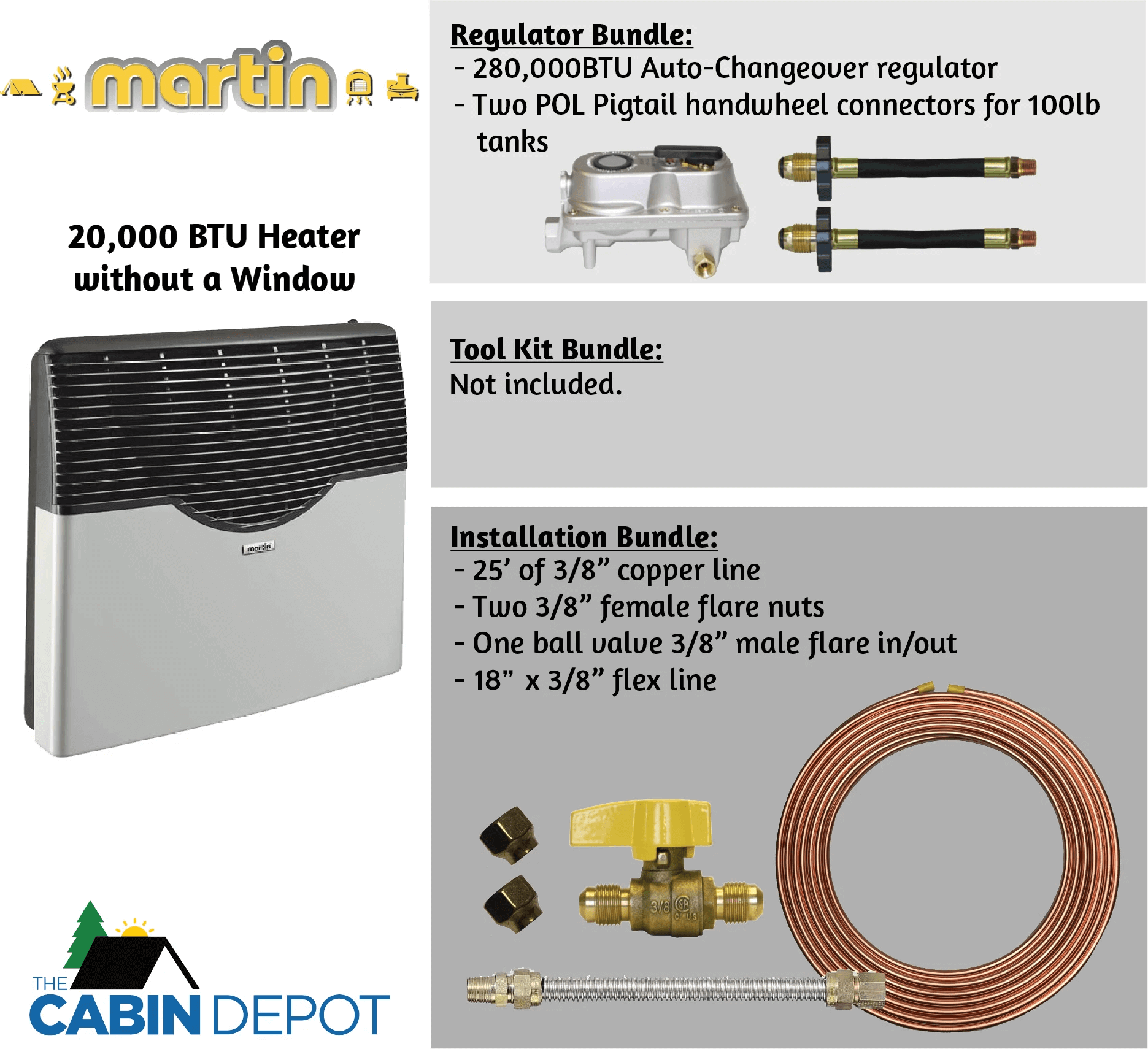 Martin 20,000 BTU Direct Vent Propane Heater packaging details from Cabin Depot for installation bundles.