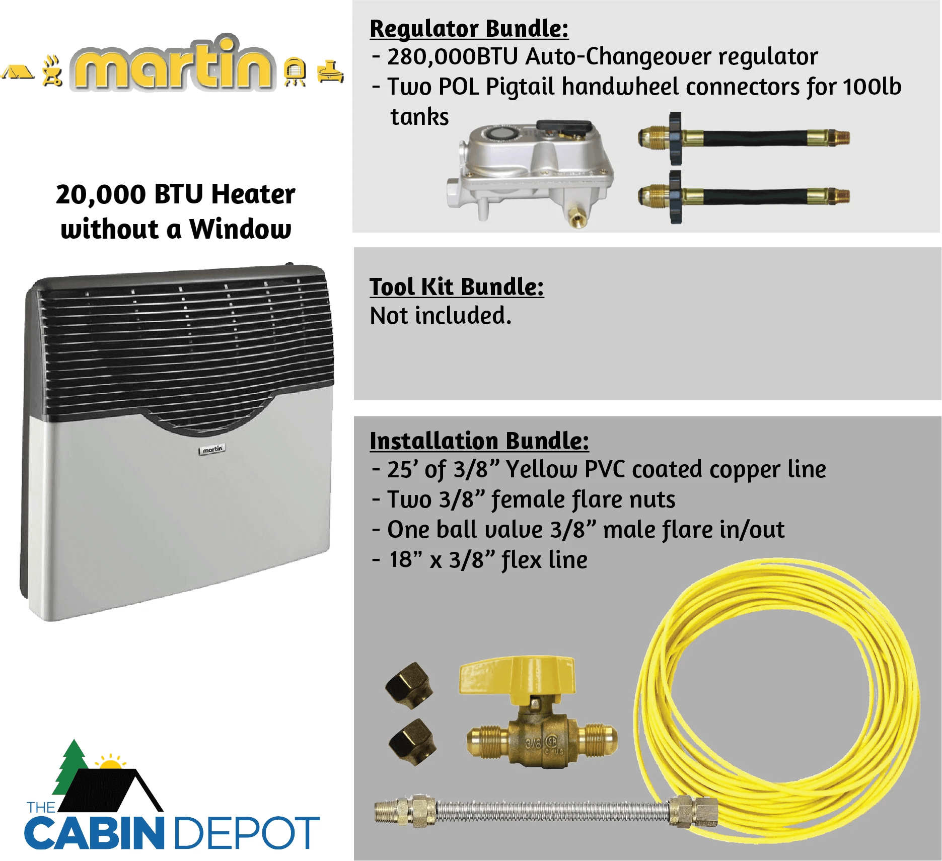 Martin 20,000 BTU direct vent propane heater with installation kit, regulator bundle, and Cabin Depot logo.