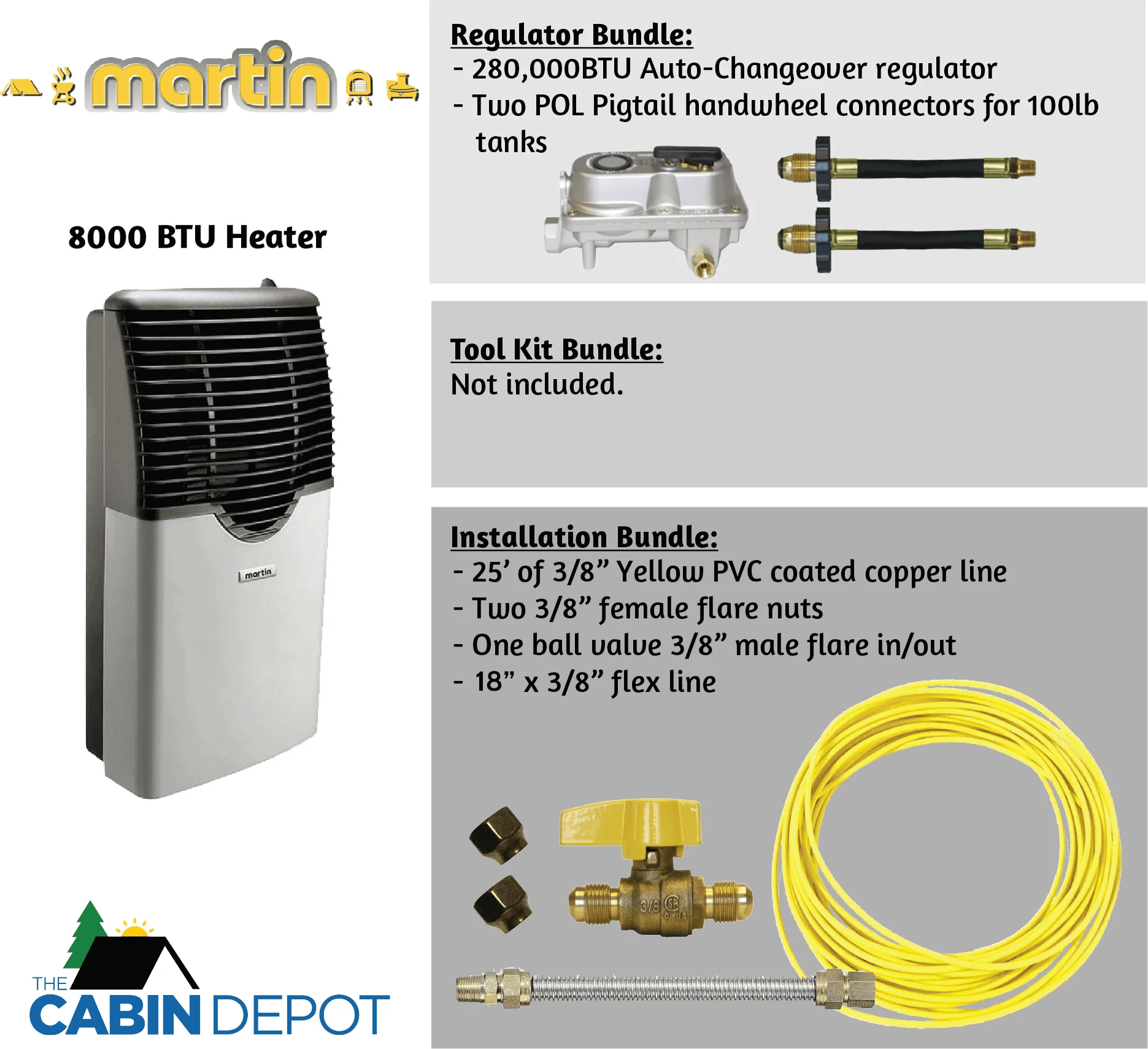 Martin 8000 BTU Direct Vent Propane Heater with accessories, sold by Cabin Depot. Includes installation kit and regulator bundle.