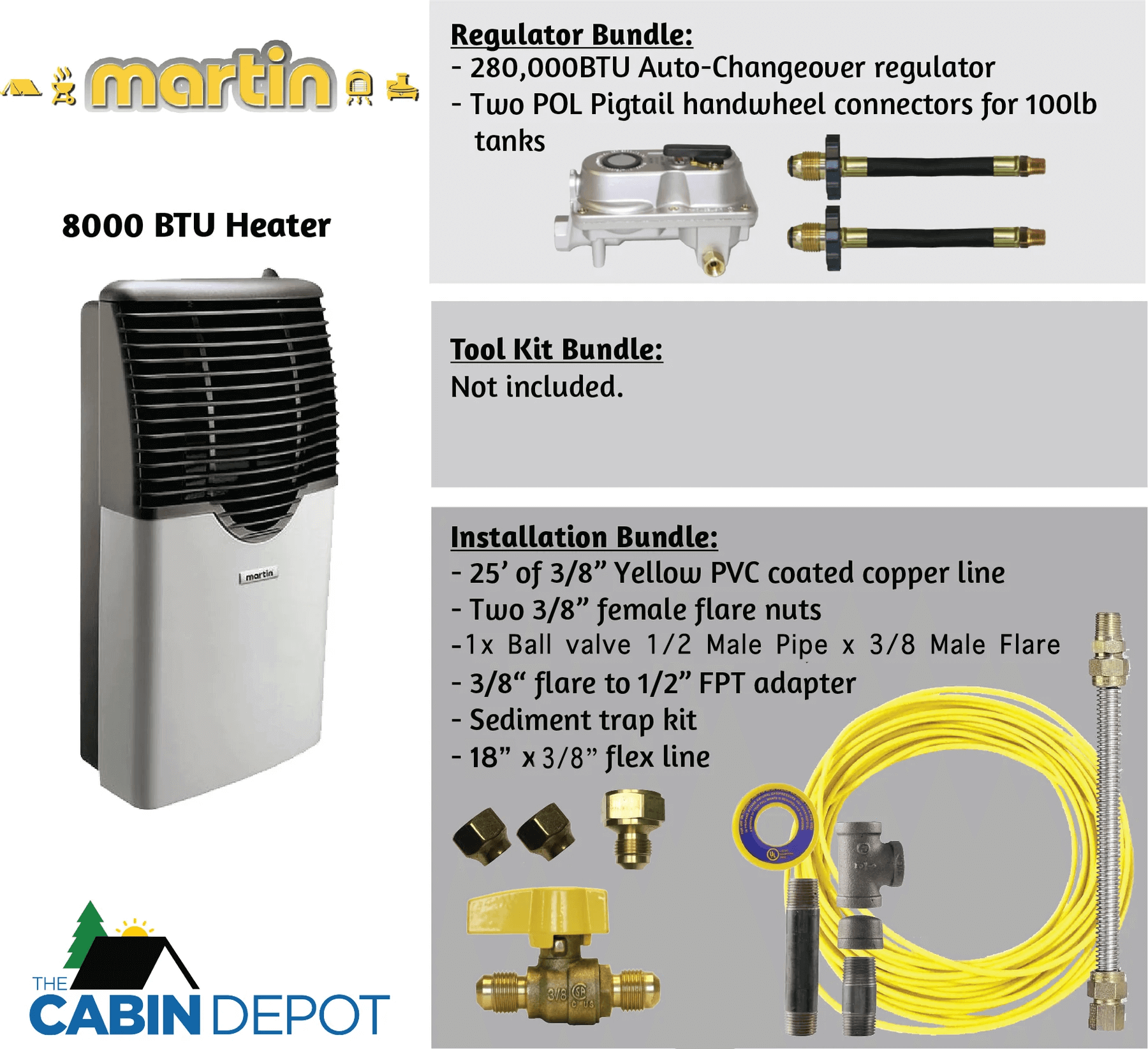 Martin 8000 BTU Direct Vent Propane Heater with installation kit from The Cabin Depot.