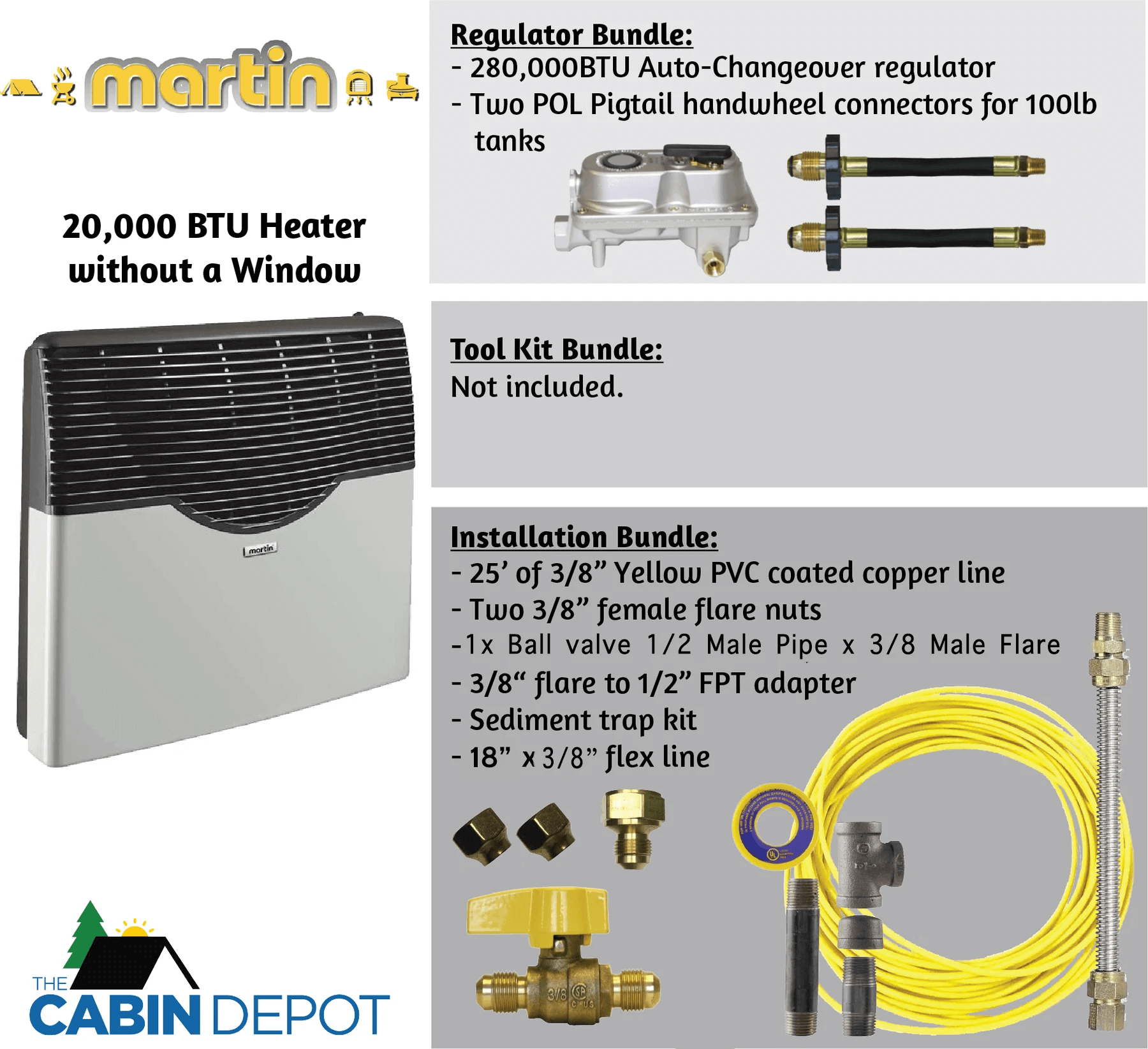 Martin 20,000 BTU propane heater without window by The Cabin Depot, shown with regulator and installation bundles, perfect for off-grid use.