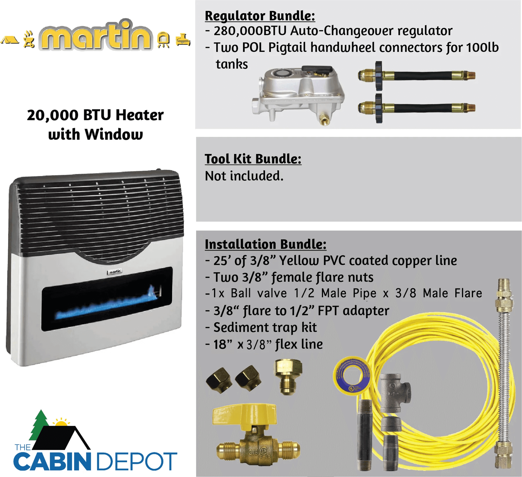 Martin 20,000 BTU Direct Vent Propane Heater with Window, Installation Kit, Regulator Bundle – Cabin Depot