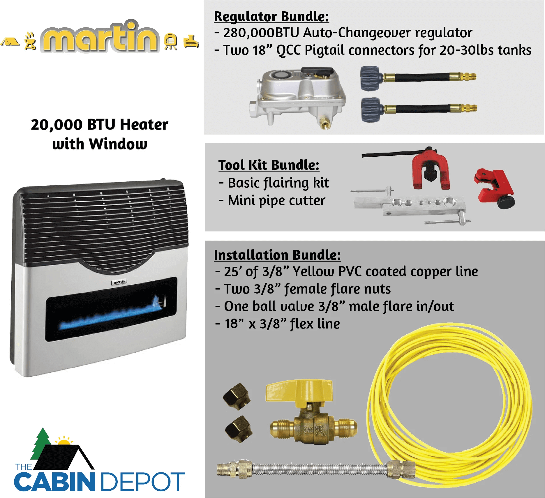 Martin 20,000 BTU Direct Vent Propane Heater with accessories from Cabin Depot for off-grid use, includes regulator, tool, and installation bundles.