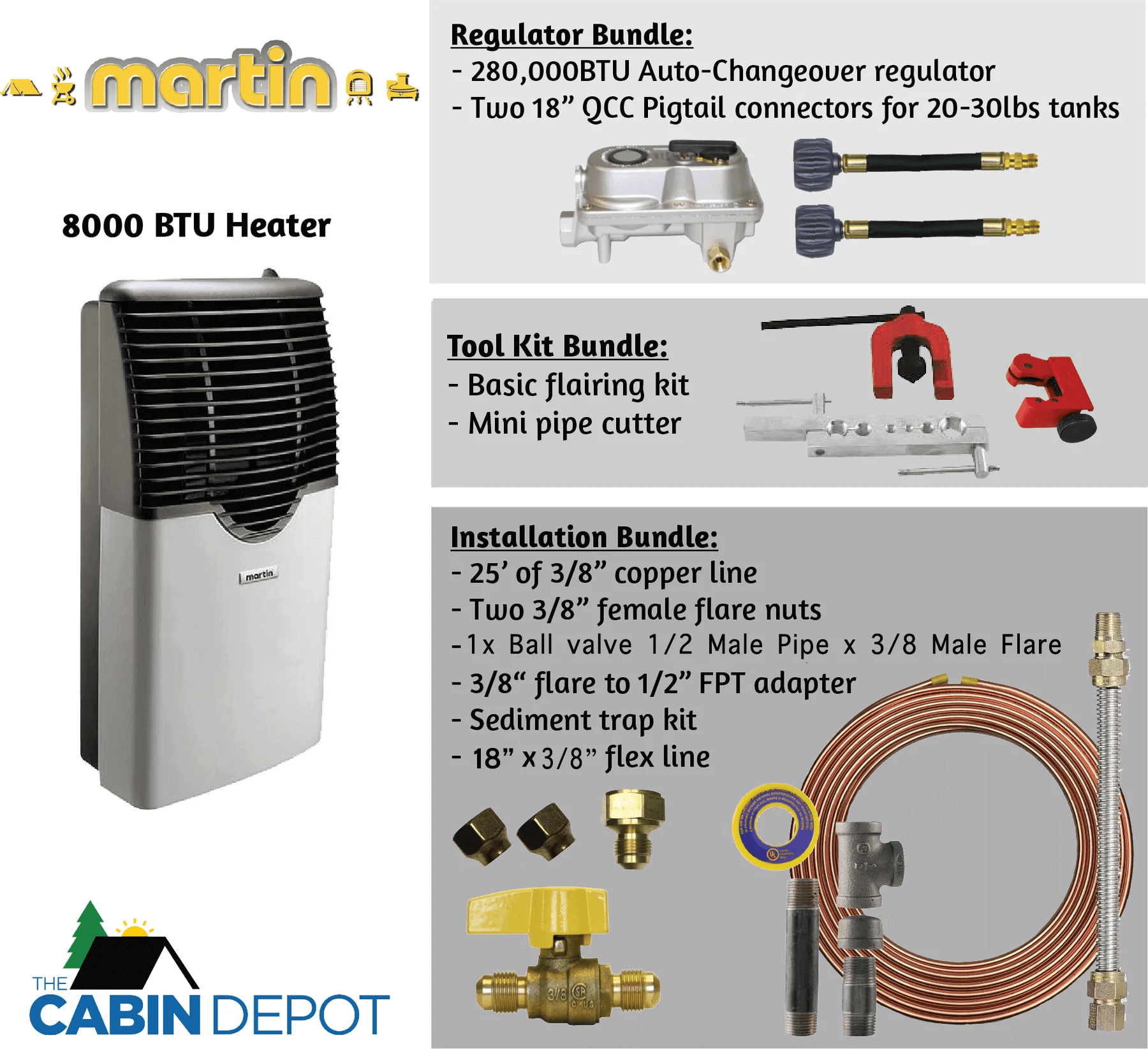 Martin 8,000 BTU Propane Heater packages at Cabin Depot, featuring regulator and tool kit bundles for easy vent installation.