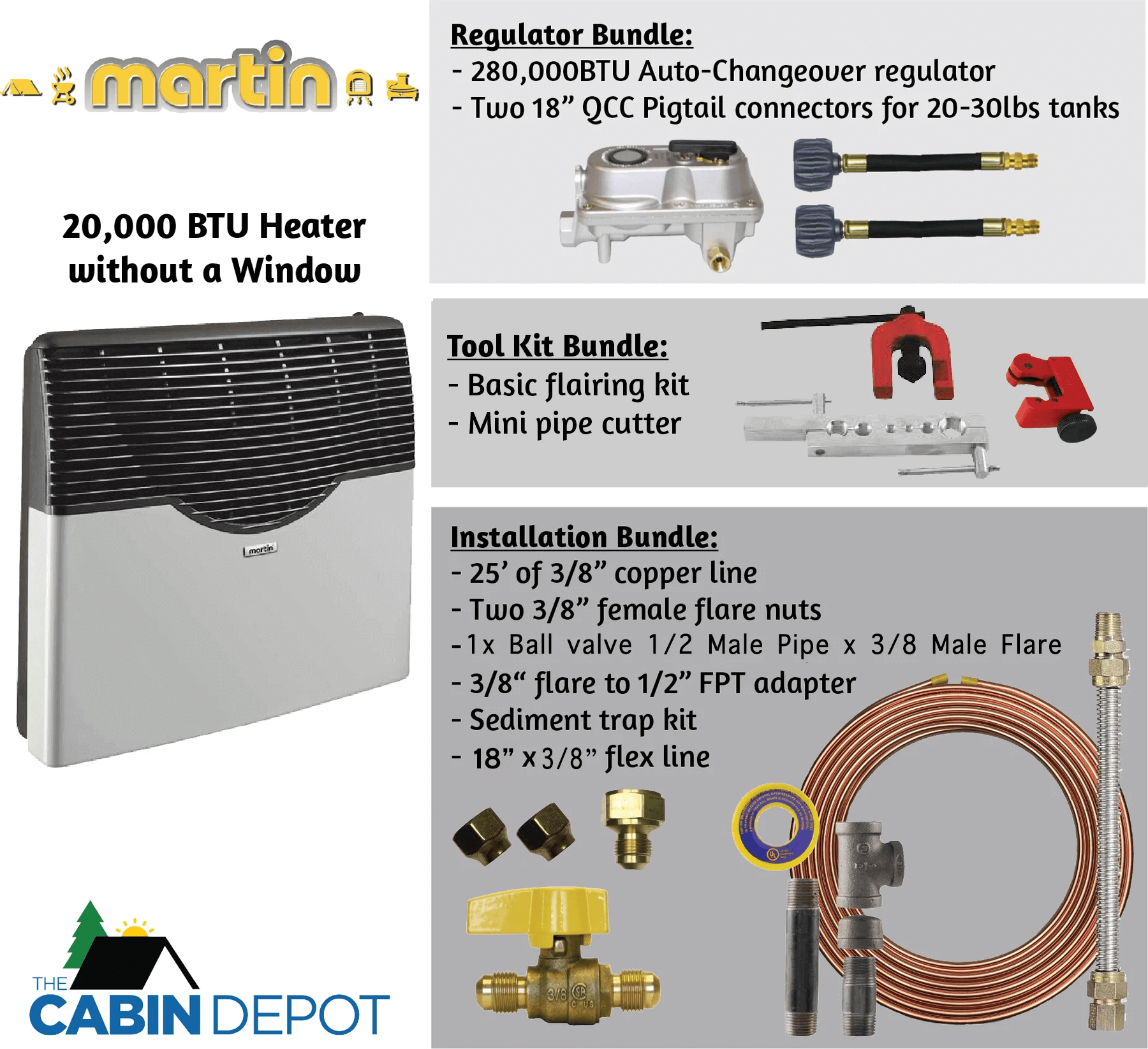 Martin 20,000 BTU Direct Vent Propane Heater with installation and tool kit bundles - The Cabin Depot
